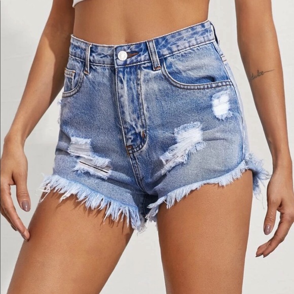 Pants - Distressed raw hem ripped denim jean shorts light minimalist